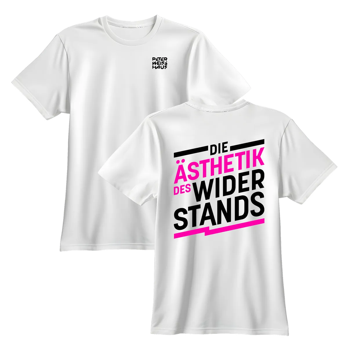 Weißes Kampagnen-Shirt mit dem Schriftzug „Die Ästhetik des Widerstands“